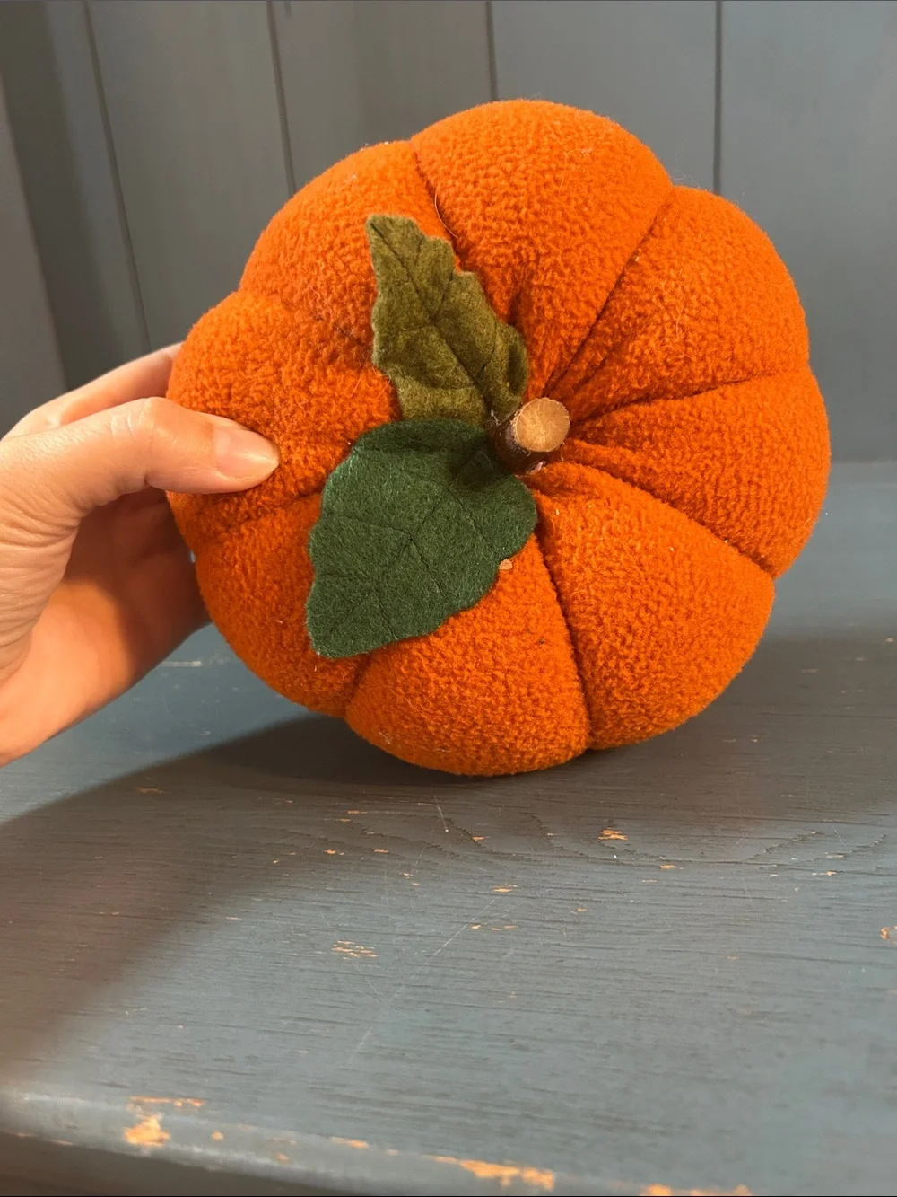 Plush Felt Orange Pumpkin Fall Decor with Green Leaf & Wood Stem | Halloween